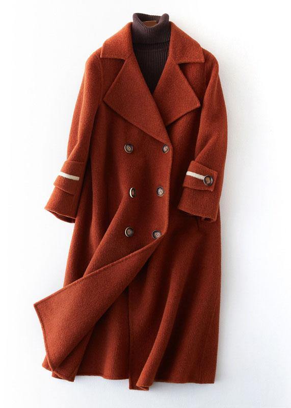 vintage chocolate Woolen Coats Women plus size long coat double breast woolen outwear Notched - SooLinen