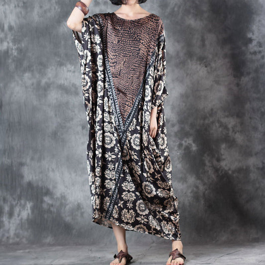 Vintage Schokoladenseide Sommerkleid O-Ausschnitt Fledermausärmel Sommerkleid Baggy Kleider Blumenseide Sommerkleid