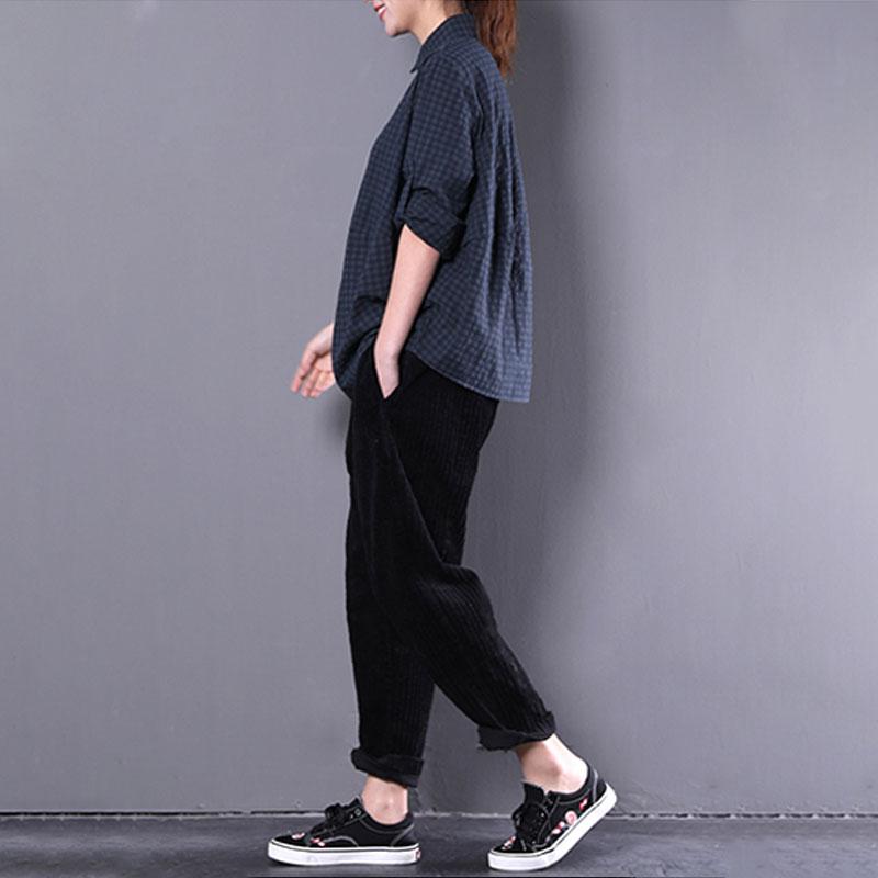 Vintage Baumwollmischtops übergroßes lässiges Damen-Polokragen Langarm-grünes Karohemd