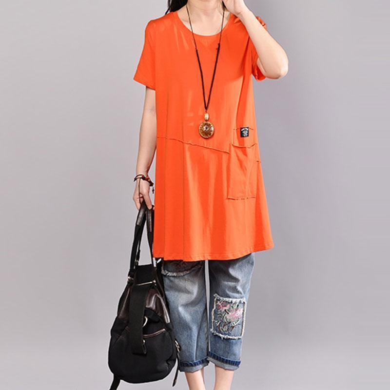 Vintage Baumwolle Blusen Casual Casual Rundhals Kurzarm Frauen Orange T Shirt