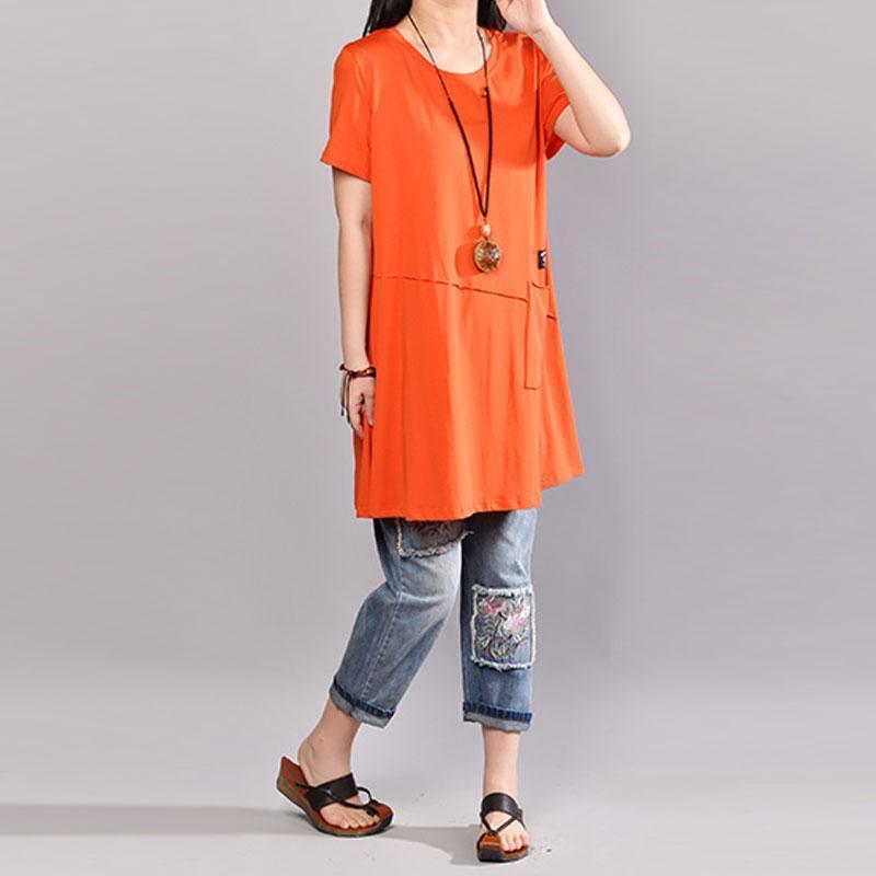 Vintage Baumwolle Blusen Casual Casual Rundhals Kurzarm Frauen Orange T Shirt
