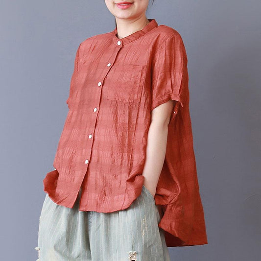 Vintage Baumwollblusen in Übergröße Stehkragen Lose Einreihiges lässiges rotes Hemd