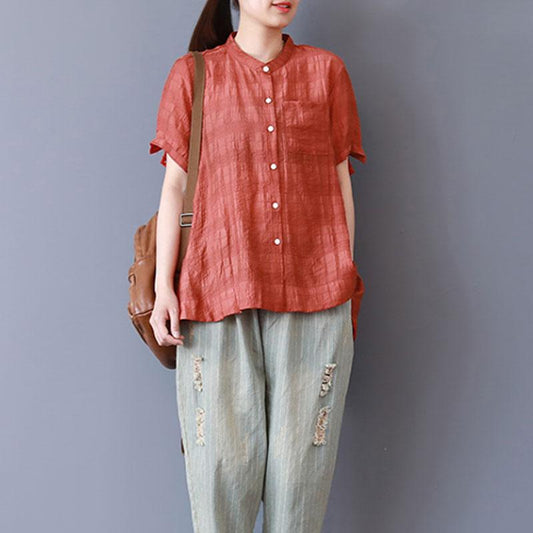 Vintage Baumwollblusen in Übergröße Stehkragen Lose Einreihiges lässiges rotes Hemd