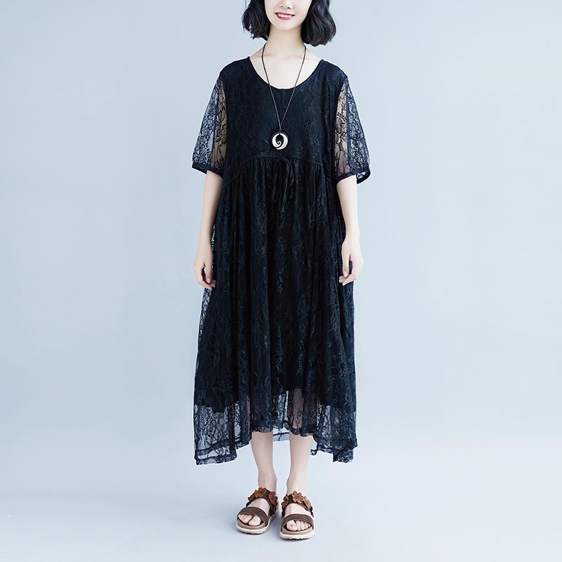 Vintage Baumwollkleid plus Größe Schnürung Sommer Kurzarm Casual Fake Zweiteiliges schwarzes Kleid