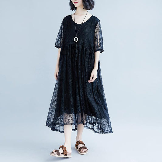 vintage cotton dress plus size Lacing Summer Short Sleeve Casual Fake Two-piece Black Dress