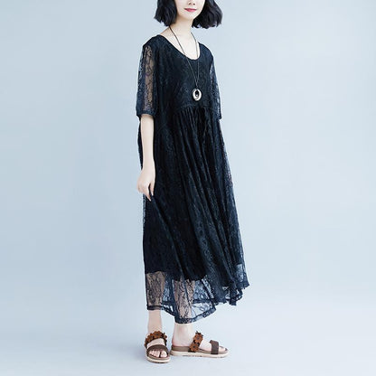 Vintage Baumwollkleid plus Größe Schnürung Sommer Kurzarm Casual Fake Zweiteiliges schwarzes Kleid