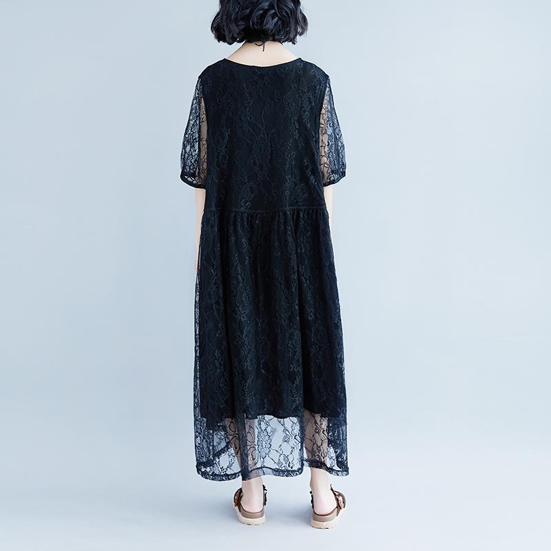 Vintage Baumwollkleid plus Größe Schnürung Sommer Kurzarm Casual Fake Zweiteiliges schwarzes Kleid