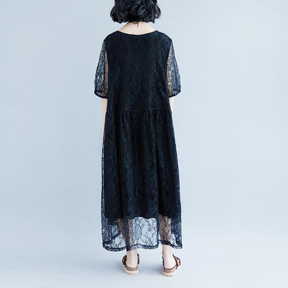 Vintage Baumwollkleid plus Größe Schnürung Sommer Kurzarm Casual Fake Zweiteiliges schwarzes Kleid