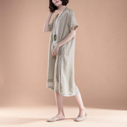 Vintage Baumwollkleid plus Größe Kurzarm Fake Zweiteiler Sommer Casual Khaki Kleid