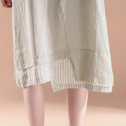 Vintage Baumwollkleid plus Größe Kurzarm Fake Zweiteiler Sommer Casual Khaki Kleid