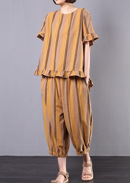 vintage cotton linen yellow striped ruffles short sleeve blouse with women harem pants - SooLinen