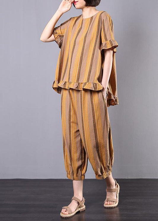 vintage cotton linen yellow striped ruffles short sleeve blouse with women harem pants - SooLinen