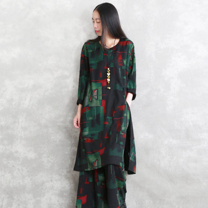 vintage floral cotton blended two pieces caftans Loose fitting o neck pockets gown 2018 long sleeve side open tops elastic waist trouse