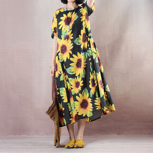 Vintage florales Naturleinenkleid übergroßes O-Ausschnitt Reisekleid 2018 Kurzarm Baggy Kleider Leinenkaftane