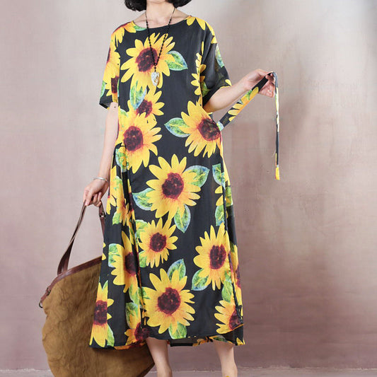 Vintage florales Naturleinenkleid übergroßes O-Ausschnitt Reisekleid 2018 Kurzarm Baggy Kleider Leinenkaftane