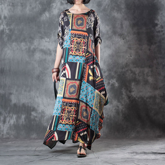 Vintage florales Seidenkleid lässiges O-Ausschnitt asymmetrisches Seidenkleid Damen Kurzarm Baggy Kleider