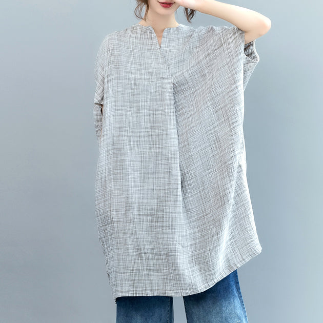 Vintage grau kariertes Midi-Länge Leinenkleid lässiges Leinenkleid Feine Fledermausärmel O-Ausschnitt Baggy Kleider
