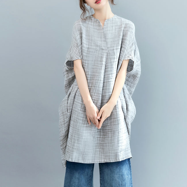 Vintage grau kariertes Midi-Länge Leinenkleid lässiges Leinenkleid Feine Fledermausärmel O-Ausschnitt Baggy Kleider