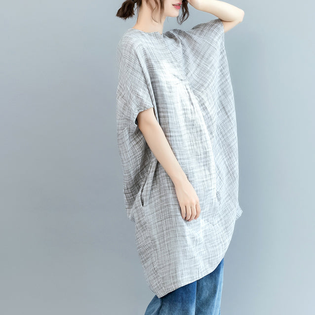Vintage grau kariertes Midi-Länge Leinenkleid lässiges Leinenkleid Feine Fledermausärmel O-Ausschnitt Baggy Kleider