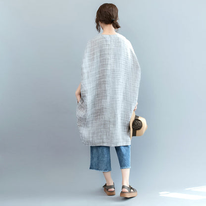 Vintage grau kariertes Midi-Länge Leinenkleid lässiges Leinenkleid Feine Fledermausärmel O-Ausschnitt Baggy Kleider