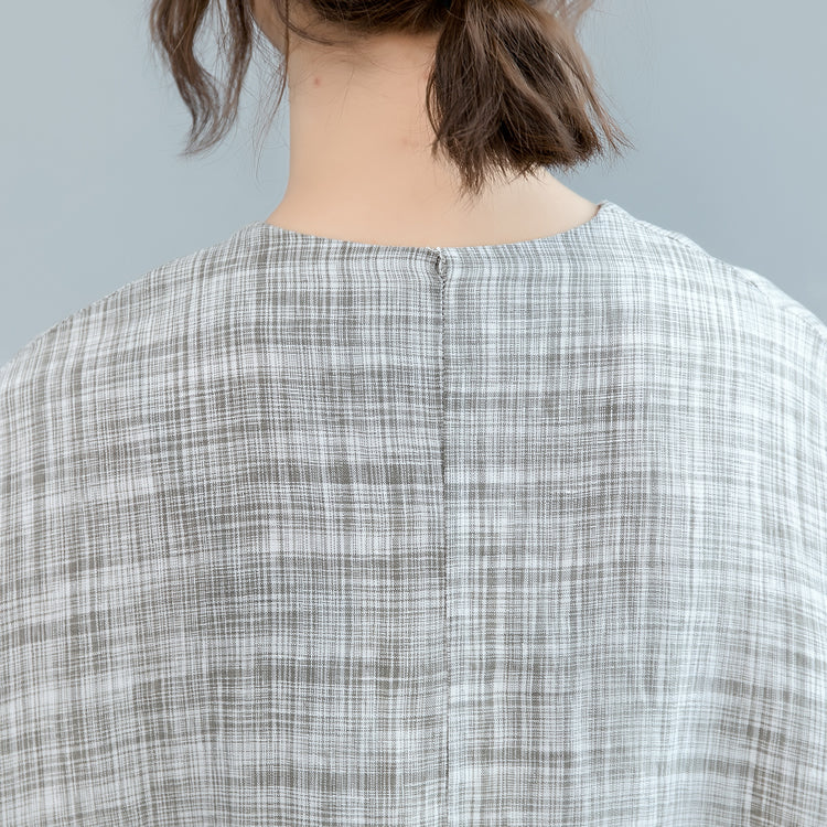 Vintage grau kariertes Midi-Länge Leinenkleid lässiges Leinenkleid Feine Fledermausärmel O-Ausschnitt Baggy Kleider
