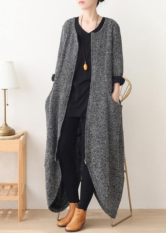 vintage gray woolen coats oversized Winter coat v neck asymmetric winter women coats - SooLinen