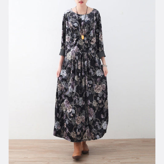 Vintage grünes florales Cord-Maxikleid in Übergröße, elastische Taille, elegantes Kaftan mit Rundhalsausschnitt