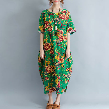 Vintage grüne Leinenkleider oversized florales Baumwollkleid Elegantes kurzärmeliges Leinenkleid