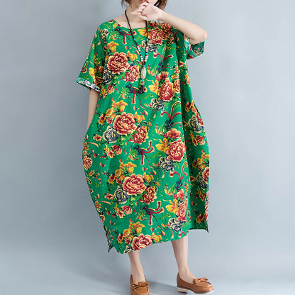 Vintage grüne Leinenkleider oversized florales Baumwollkleid Elegantes kurzärmeliges Leinenkleid