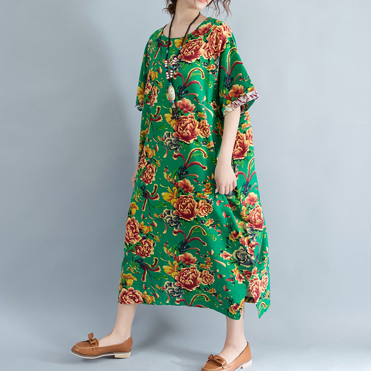 Vintage grüne Leinenkleider oversized florales Baumwollkleid Elegantes kurzärmeliges Leinenkleid