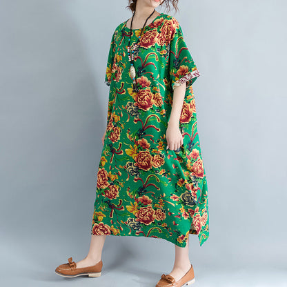Vintage grüne Leinenkleider oversized florales Baumwollkleid Elegantes kurzärmeliges Leinenkleid