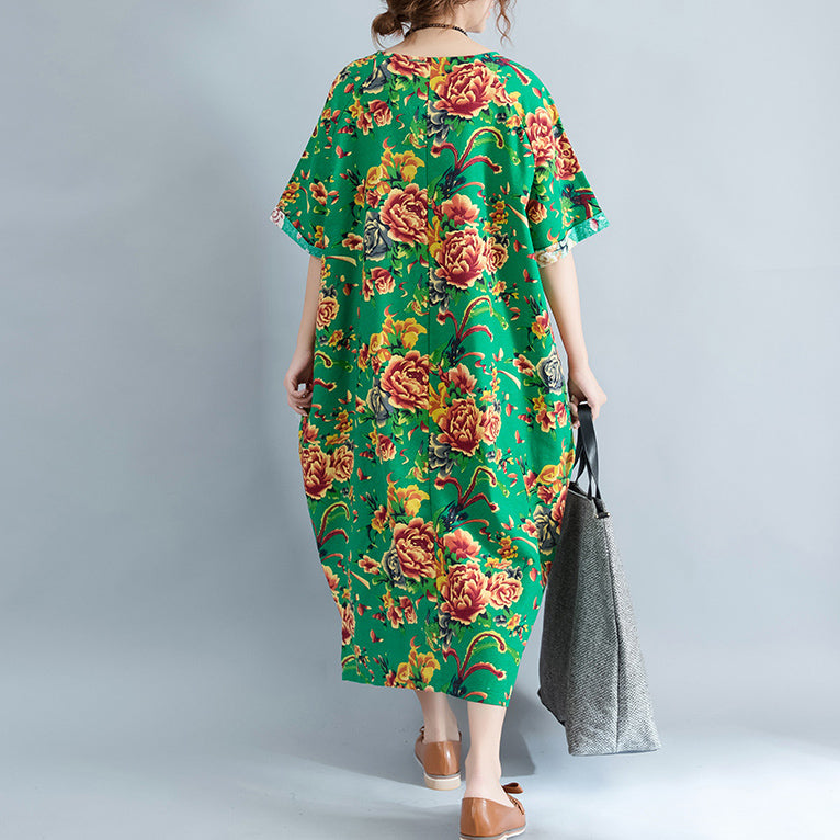 Vintage grüne Leinenkleider oversized florales Baumwollkleid Elegantes kurzärmeliges Leinenkleid