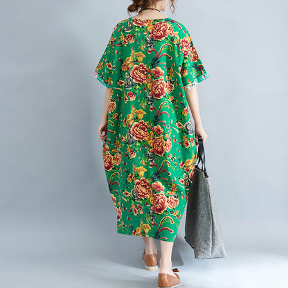 Vintage grüne Leinenkleider oversized florales Baumwollkleid Elegantes kurzärmeliges Leinenkleid