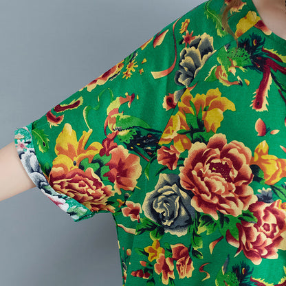 Vintage grüne Leinenkleider oversized florales Baumwollkleid Elegantes kurzärmeliges Leinenkleid