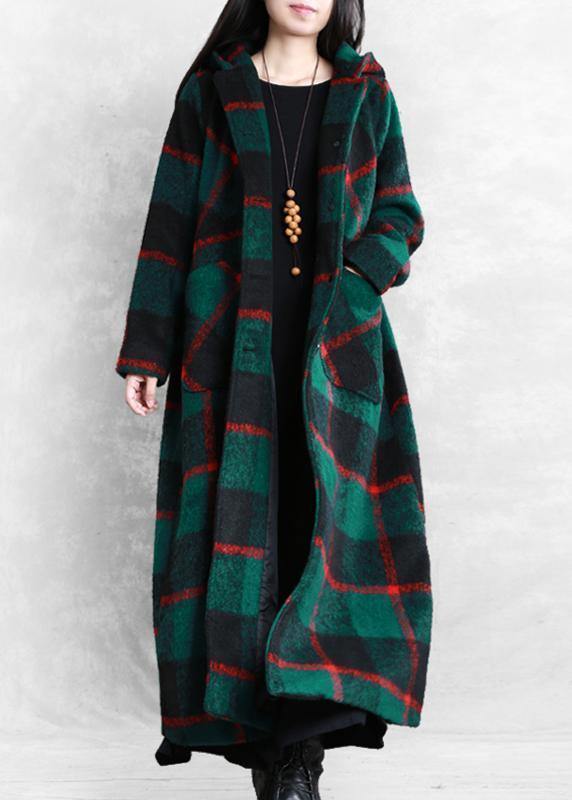 vintage green plaid Woolen Coat Women plus size Winter coat women coats Notched Button - SooLinen
