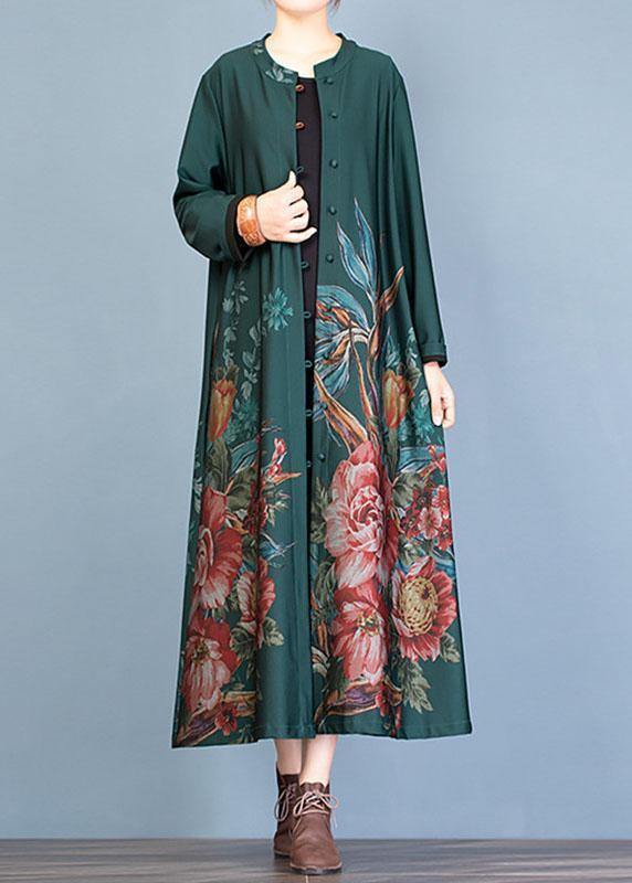 vintage green prints Coat Women oversize long coat fall trench coats o neck - SooLinen