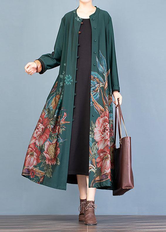 vintage green prints Coat Women oversize long coat fall trench coats o neck - SooLinen