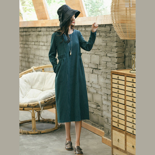 Vintage grün gestreifte Kleider trendige Plus Size Taschen Vintage O-Ausschnitt Kleider