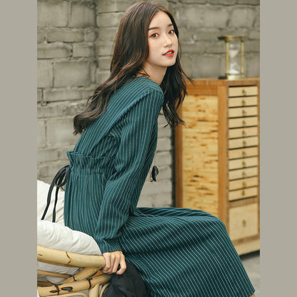 Vintage grün gestreifte Kleider trendige Plus Size Taschen Vintage O-Ausschnitt Kleider