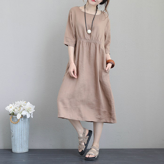 vintage khaki linen maxi dress Loose fitting tunic traveling clothing vintage bracelet sleeved kaftans