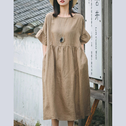 Vintage Khaki langes Leinenkleid Plus Size O-Ausschnitt Baggy Kleider Leinenkleidung Kleid Boutique Schmetterlingsärmel Kleider