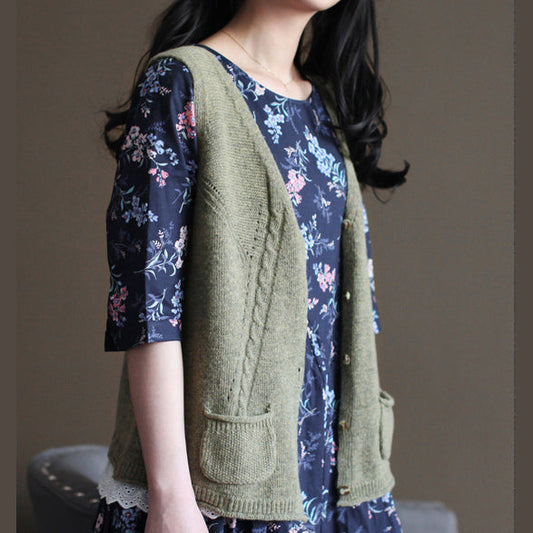 Vintage hellgrüner Pullover, trendige Plus-Size-Strick-Sweatshirts, feines V-Ausschnitt-Shirt, ärmellose Strickjacke