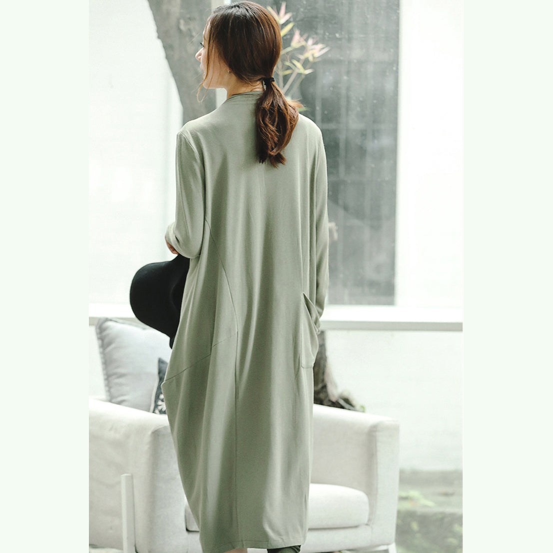 Vintage hellgrüne Strickkleider Plus Size Kleidung Stehkragen Winterkleider Damen asymmetrische Taschen Pullover