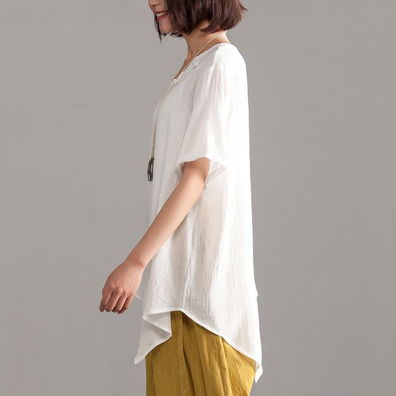 Vintage Leinen Blended Sommer Top Locker sitzend Unregelmäßiger Saum Damen Sommer Kurzarm Lässige Lockere Bluse