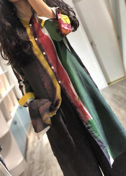 vintage linen blended turn-down collar green print long shirt - SooLinen