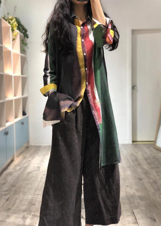 vintage linen blended turn-down collar green print long shirt - SooLinen