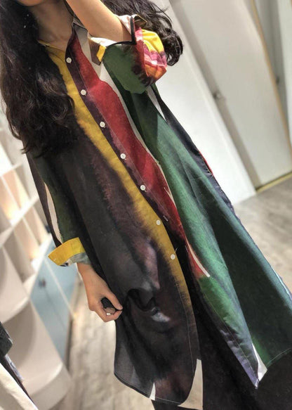 vintage linen blended turn-down collar green print long shirt - SooLinen