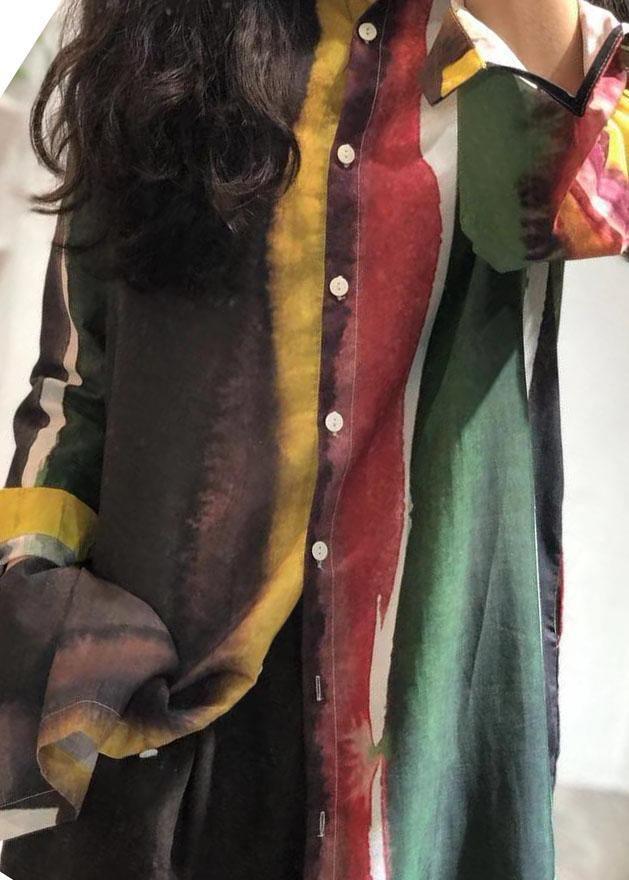 vintage linen blended turn-down collar green print long shirt - SooLinen