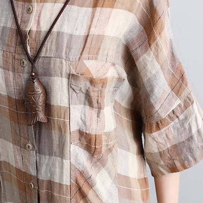 Vintage Leinenkleider Locker sitzendes Polokragen Kurzarm kariertes Damen Leinenhemdkleid
