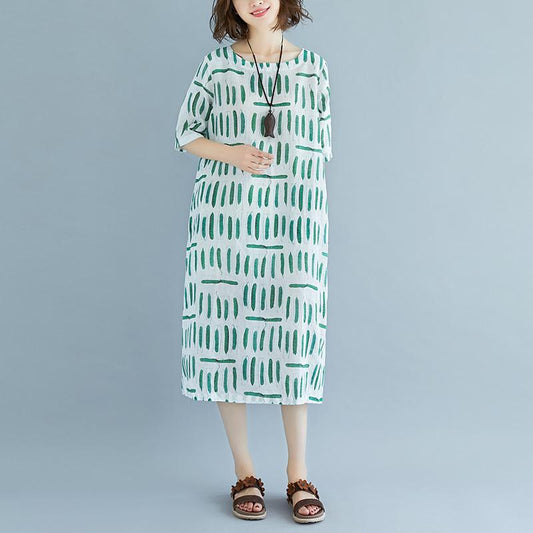 Vintage Leinen Sonnenkleid Locker sitzendes Kurzarm Rundhalstaschen Sommerkleid